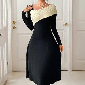 Asymmetrical Contrast Long Sleeve Dress | New A-Line Midi Elegant Dress